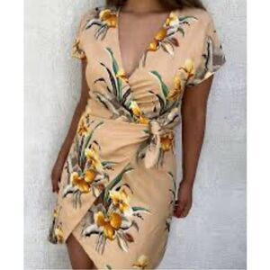 & OTHER STORIES Linen Blend Wrap Mini Dress Tropical Flower Print Size 2